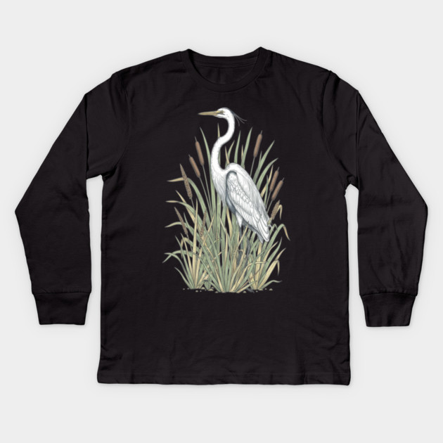 Vintage Great White Egret Wetland Botanical Art Kids Long Sleeve T-Shirt by BirdsnStuff