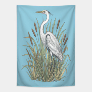 Vintage Great White Egret Wetland Botanical Art Tapestry