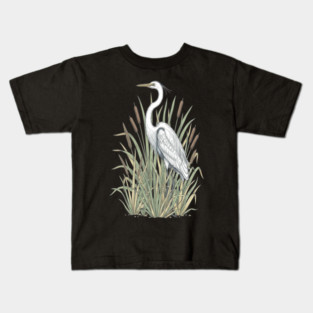 Vintage Great White Egret Wetland Botanical Art Kids T-Shirt