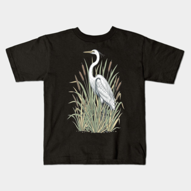 Vintage Great White Egret Wetland Botanical Art Kids T-Shirt by BirdsnStuff