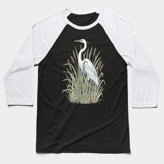 Vintage Great White Egret Wetland Botanical Art Baseball T-Shirt by BirdsnStuff