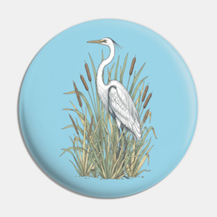 Vintage Great White Egret Wetland Botanical Art Pin