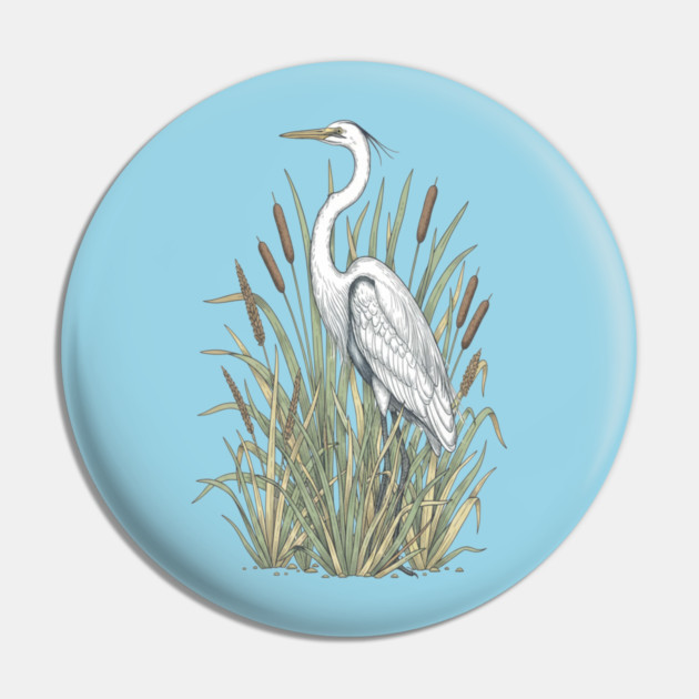 Vintage Great White Egret Wetland Botanical Art Pin by BirdsnStuff
