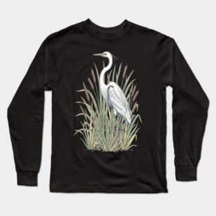 Vintage Great White Egret Wetland Botanical Art Long Sleeve T-Shirt