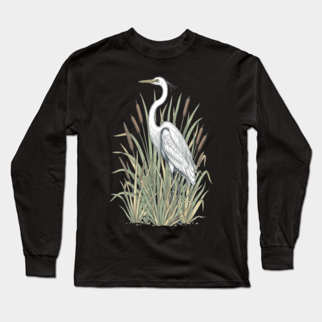 Vintage Great White Egret Wetland Botanical Art Long Sleeve T-Shirt by BirdsnStuff