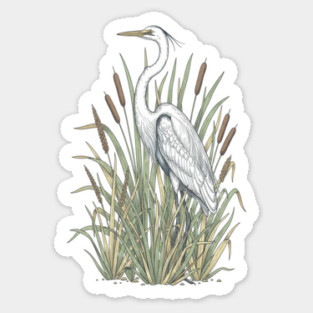 Vintage Great White Egret Wetland Botanical Art Sticker
