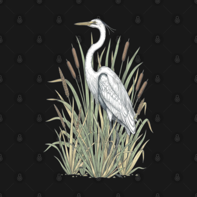 Vintage Great White Egret Wetland Botanical Art by BirdsnStuff