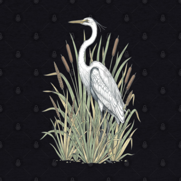 Vintage Great White Egret Wetland Botanical Art by BirdsnStuff