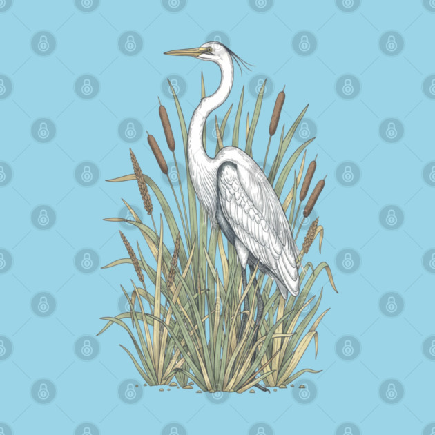 Vintage Great White Egret Wetland Botanical Art by BirdsnStuff