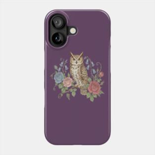 Great Horned Owl with Vintage Roses and Bluebells Illustration Phone Case