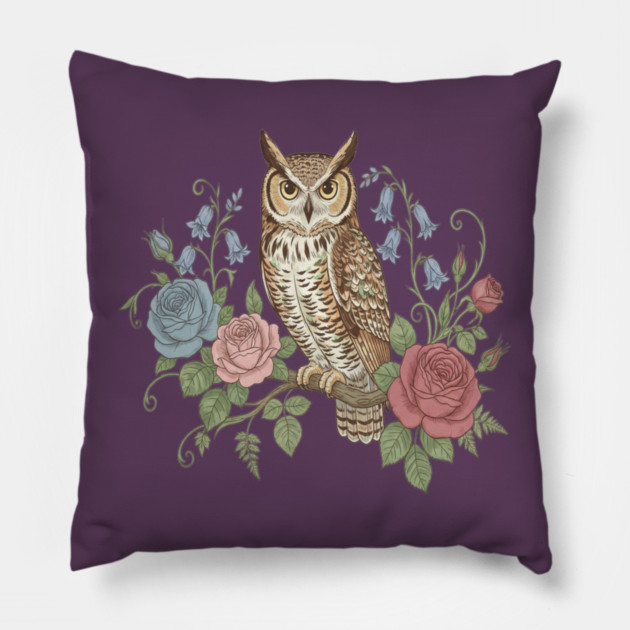 Great Horned Owl with Vintage Roses and Bluebells Illustration Pillow by BirdsnStuff