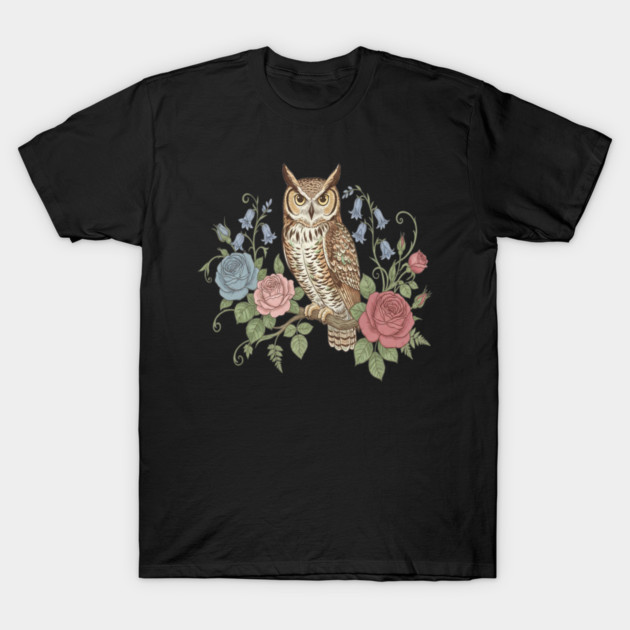 Great Horned Owl with Vintage Roses and Bluebells Illustration T-Shirt by BirdsnStuff