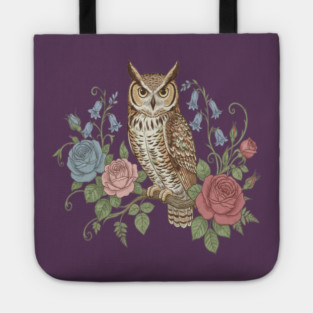 Great Horned Owl with Vintage Roses and Bluebells Illustration Tote