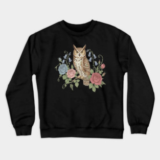 Great Horned Owl with Vintage Roses and Bluebells Illustration Crewneck Sweatshirt