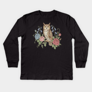 Great Horned Owl with Vintage Roses and Bluebells Illustration Kids Long Sleeve T-Shirt
