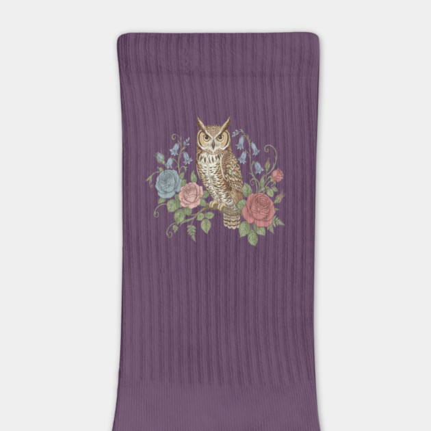 Great Horned Owl with Vintage Roses and Bluebells Illustration by BirdsnStuff
