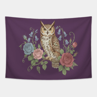 Great Horned Owl with Vintage Roses and Bluebells Illustration Tapestry