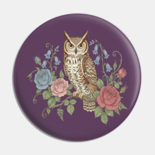 Great Horned Owl with Vintage Roses and Bluebells Illustration Pin