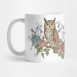 Great Horned Owl with Vintage Roses and Bluebells Illustration Mug