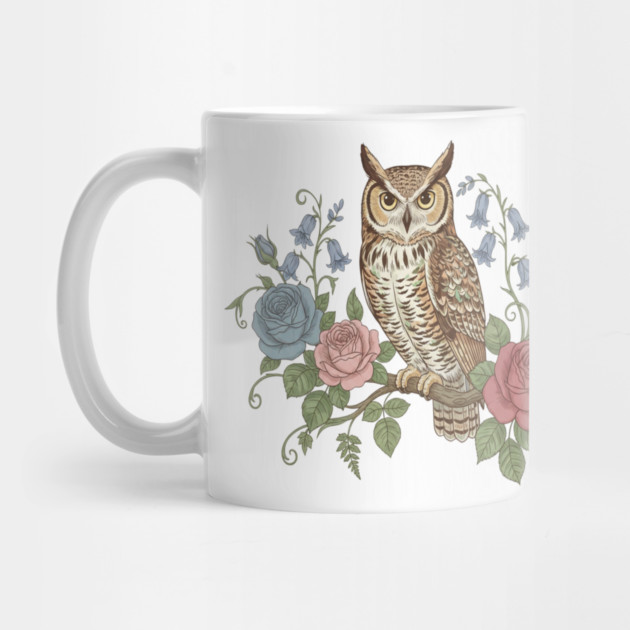 Great Horned Owl with Vintage Roses and Bluebells Illustration by BirdsnStuff