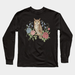 Great Horned Owl with Vintage Roses and Bluebells Illustration Long Sleeve T-Shirt