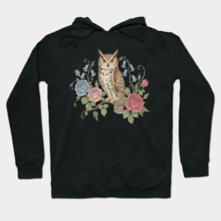 Great Horned Owl with Vintage Roses and Bluebells Illustration Hoodie