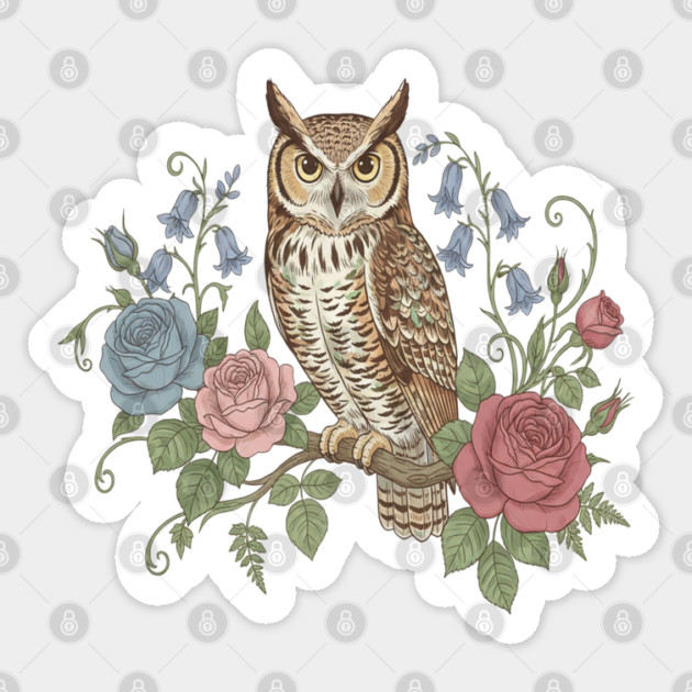 Great Horned Owl with Vintage Roses and Bluebells Illustration Sticker by BirdsnStuff
