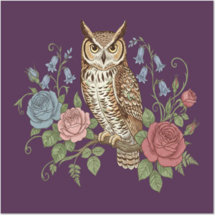 Great Horned Owl with Vintage Roses and Bluebells Illustration Posters and Art