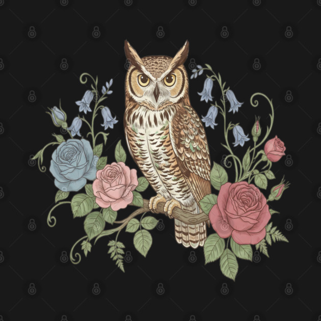 Great Horned Owl with Vintage Roses and Bluebells Illustration by BirdsnStuff