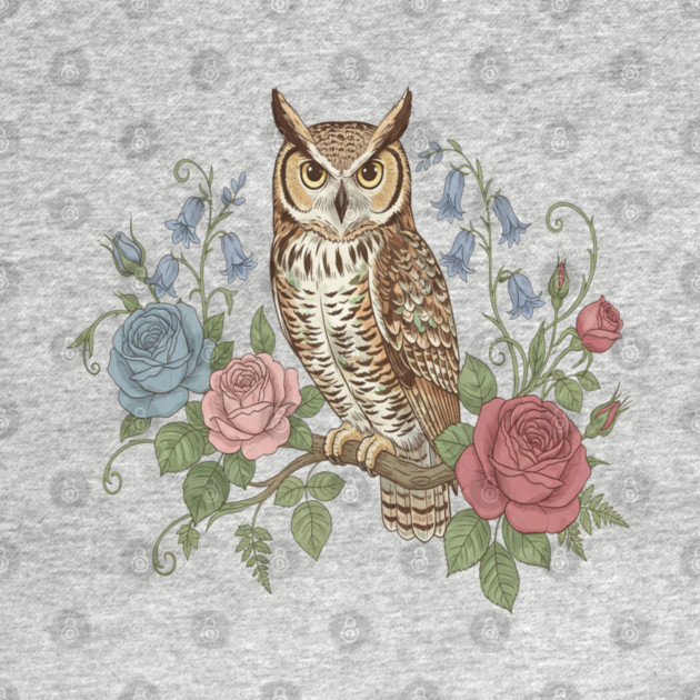 Great Horned Owl with Vintage Roses and Bluebells Illustration by BirdsnStuff
