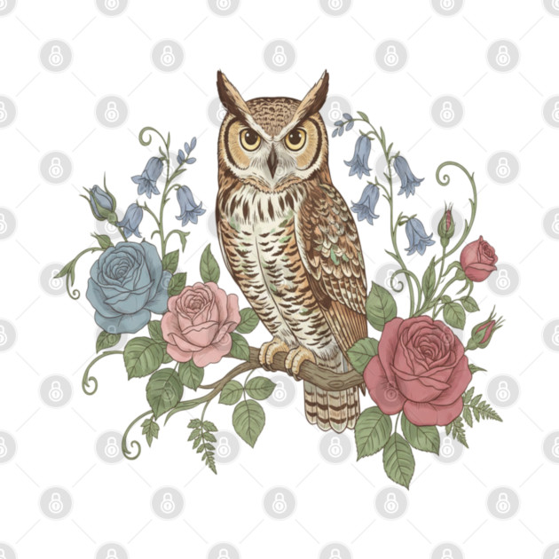 Great Horned Owl with Vintage Roses and Bluebells Illustration by BirdsnStuff