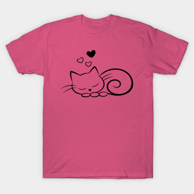 Minimal Sleeping Line Cat Art T-Shirt by Champanie's Store