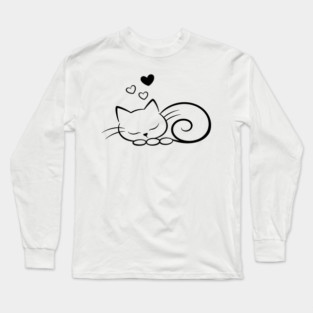 Minimal Sleeping Line Cat Art Long Sleeve T-Shirt