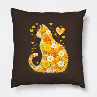 Blooming Cat With Yellow Flowers Pillow