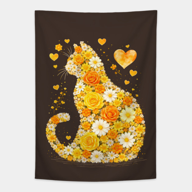 Blooming Cat With Yellow Flowers Tapestry by Champanie's Store