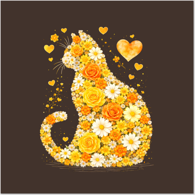 Blooming Cat With Yellow Flowers Wall Art by Champanie's Store