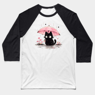 Cute Black Cat With Pink Umbrella Baseball T-Shirt