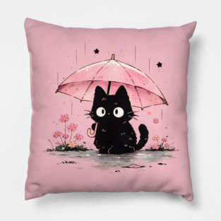Cute Black Cat With Pink Umbrella Pillow