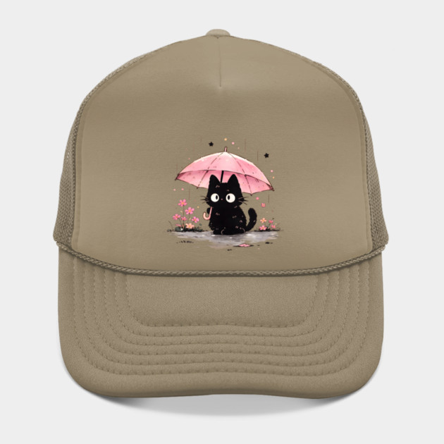 Cute Black Cat With Pink Umbrella by Champanie's Store