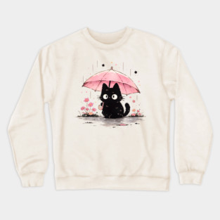 Cute Black Cat With Pink Umbrella Crewneck Sweatshirt