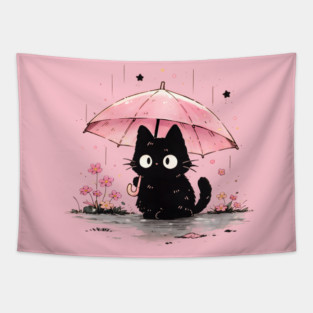 Cute Black Cat With Pink Umbrella Tapestry