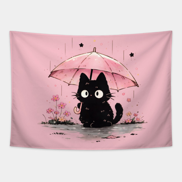 Cute Black Cat With Pink Umbrella Tapestry by Champanie's Store
