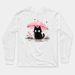 Cute Black Cat With Pink Umbrella Long Sleeve T-Shirt