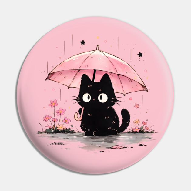 Cute Black Cat With Pink Umbrella Pin by Champanie's Store