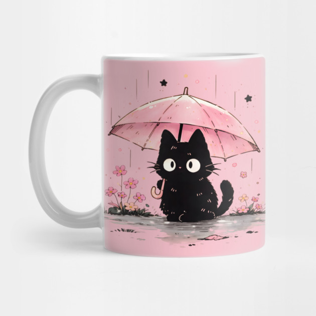 Cute Black Cat With Pink Umbrella by Champanie's Store