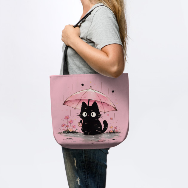Cute Black Cat With Pink Umbrella by Champanie's Store