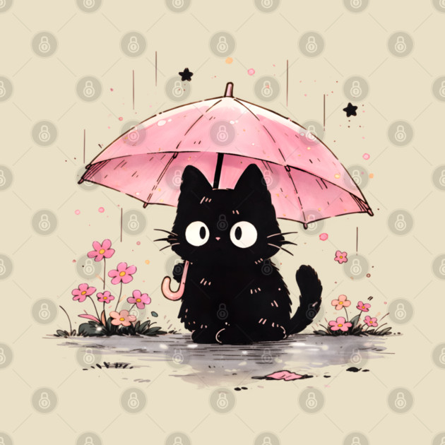 Cute Black Cat With Pink Umbrella by Champanie's Store