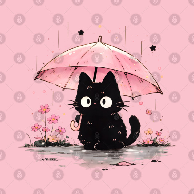 Cute Black Cat With Pink Umbrella by Champanie's Store