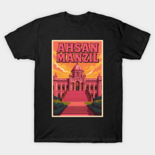 Retro Pop Art Poster of Ahsan Manzil | Vintage Dhaka Palace Illustration | Bold Bengali Heritage Travel Aesthetic T-Shirt