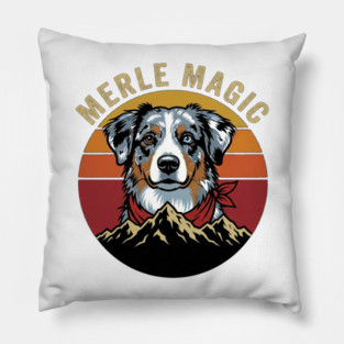 Merle Magic Australian Shepherd Retro Sunset Mountain Aussie Dog Art Pillow
